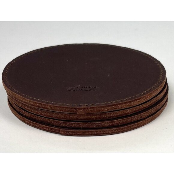 Set 4 SADDLEBACK LEATHER CO Dark Coffee Brown Leather 4" Round COASTERS NWOT NEW - Picture 2 of 5
